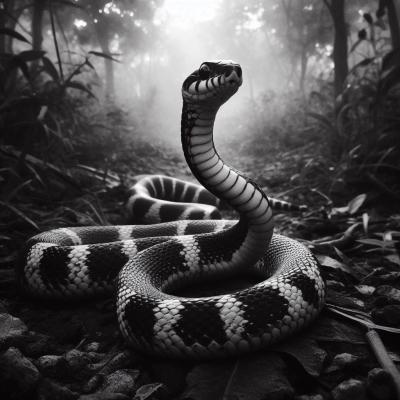 Black and white snake poised in a misty forest setting, symbolizing dream interpretations.