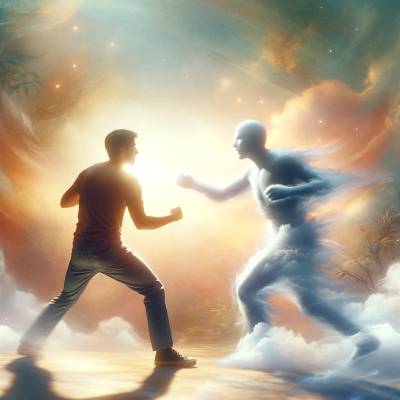 Man engaging in a surreal fight with a translucent figure against a dynamic celestial backdrop.