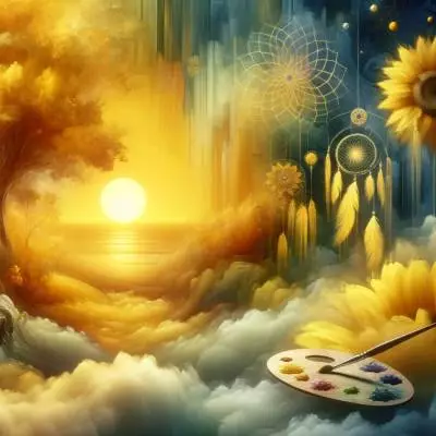 Serene dream landscape with rising sun, yellow flowers, and symbolic elements representing emotions and spirituality in dreams.