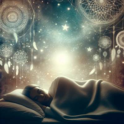 A peaceful sleeper enveloped in a blanket, surrounded by a luminous dreamscape with dreamcatchers and cosmic elements, symbolizing a journey into the spiritual meaning of vivid dreams.