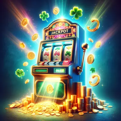 A radiant slot machine with overflowing coins symbolizes the dream of winning big, adorned with luck symbols.
