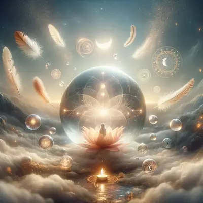 Serene mystical representation of a dream within a dream featuring spiritual symbols.
