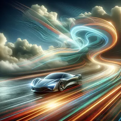 Dynamic depiction of a dream about driving fast, with a sleek car speeding along an abstract, winding road, symbolizing the exhilaration of acceleration and the freedom of adventure.