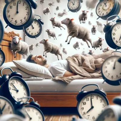Surreal image capturing insomnia's essence with an individual lying awake amidst clocks and jumping sheep.