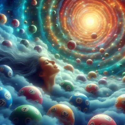 A woman dreaming amidst clouds with lottery balls and a cosmic backdrop, symbolizing the search for lottery numbers in dreams.