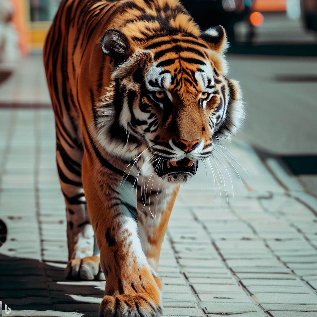A tiger walks on the sidewalk in the city.