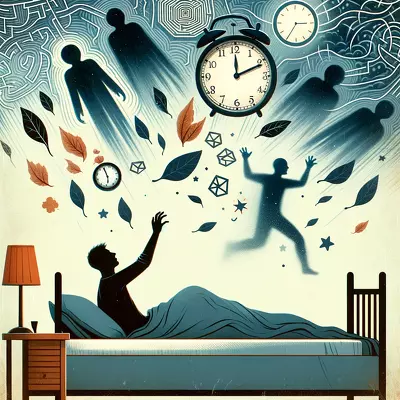 Illustration of a person in bed with shadowy figures and symbols, depicting the quest to understand recurring nightmares.