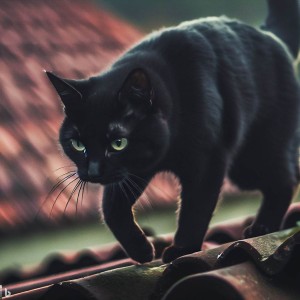 A black cat walks on the roofs.