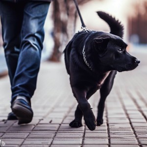 A black dog walking with his owner on the city sidewalk.
