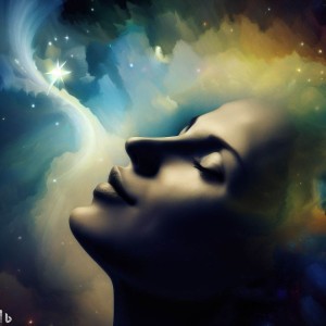 Female profile surrounded by stars of the cosmos. Creative image.
