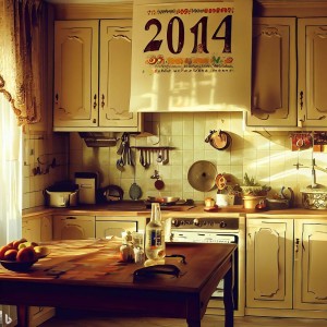 Kitchen with a 2014 year calendar hanging on the wall.