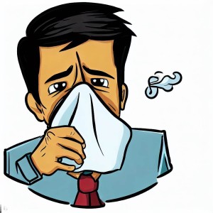 Man with handkerchief to his nose, cartoon style.