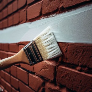 wide brush paints a white stripe on a brick wall.