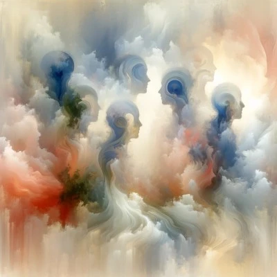 Abstract representations of people from the past in a dream-like setting on a light background, symbolizing nostalgia and emotional reflection.