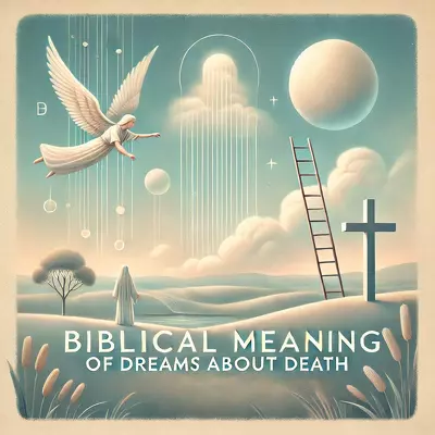 A serene, dreamlike landscape with subtle biblical symbols like an angel, a ladder to heaven, and a cross, featuring the text "Biblical Meaning of Dreams About Death."q
