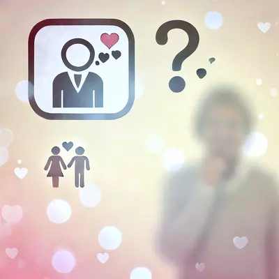 An illustration of a person dreaming about dating someone, with hearts and question marks symbolizing curiosity and emotions.