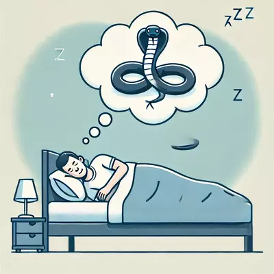 Illustration of a man sleeping with a dream cloud showing a coiled snake, symbolizing the biblical meaning of snakes in dreams.